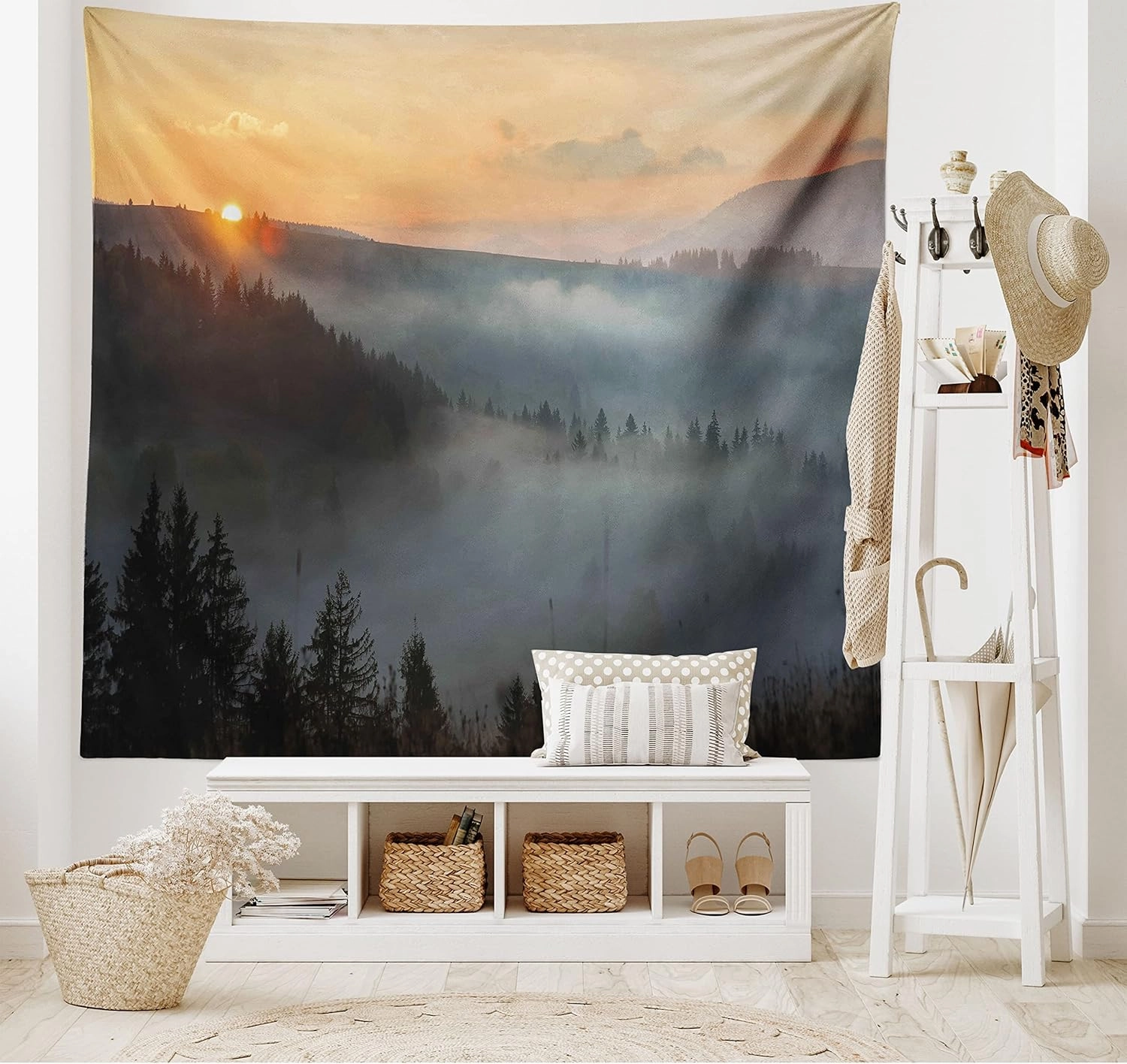 Ambesonne Nature Tapestry, Morning at Foggy Mountain Range Sunrise Pine Tree Forest Dramatic Misty Sky Scenery, Wide Wall Hanging for Bedroom Living Room Dorm, 80" X 60", Orange Green