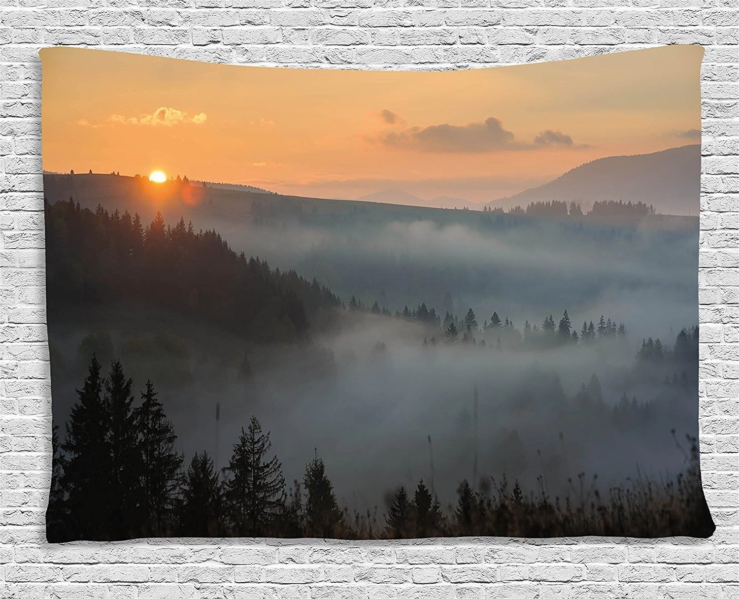 Ambesonne Nature Tapestry, Morning at Foggy Mountain Range Sunrise Pine Tree Forest Dramatic Misty Sky Scenery, Wide Wall Hanging for Bedroom Living Room Dorm, 80" X 60", Orange Green