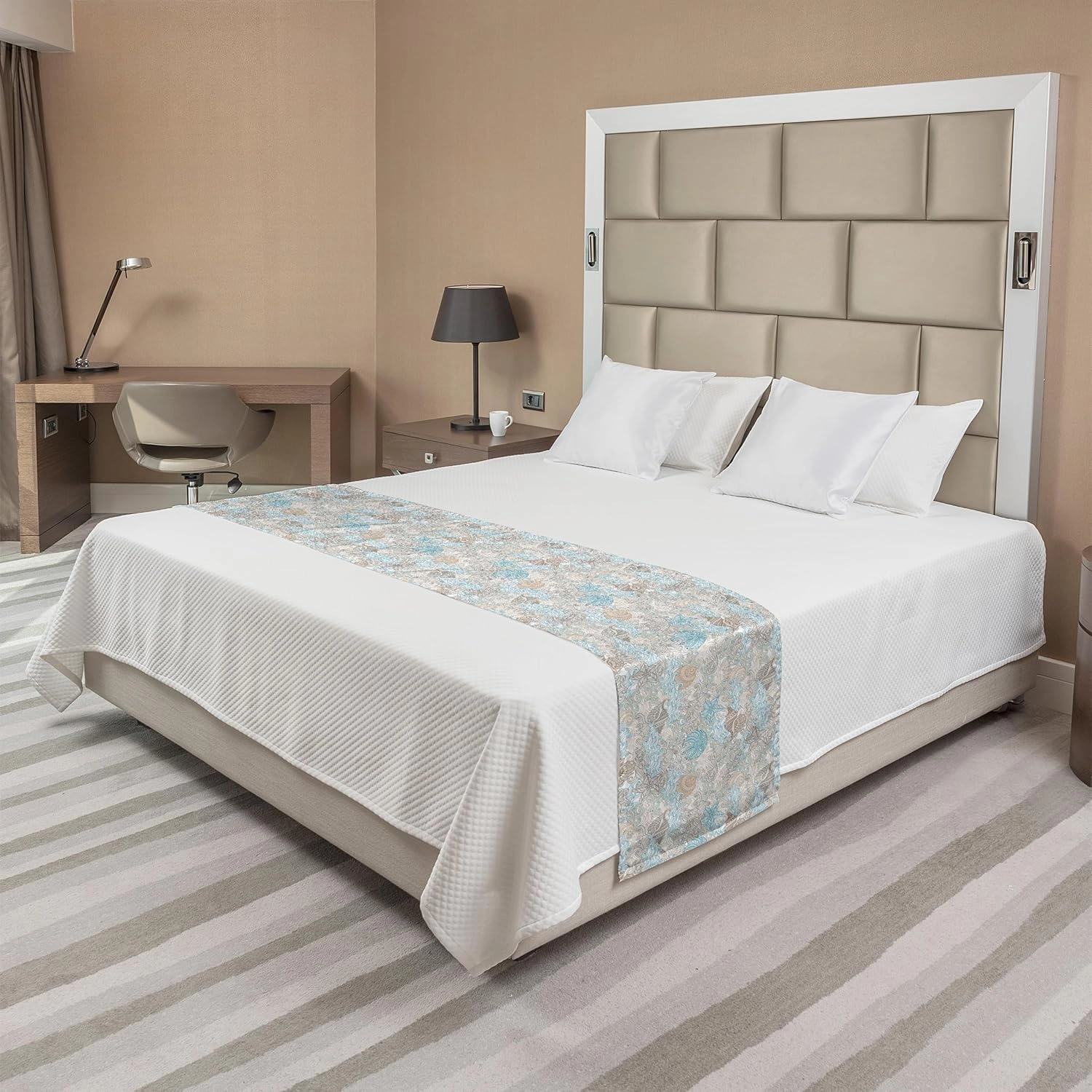 Ambesonne Nautical Bed Runner, Pastel Toned Sea Shell Starfish Mollusk Seahorse Coral Reef Motif Design, Decorative Accent Bedding Scarf for Hotels Homes and Guestrooms, Tan Turquoise White