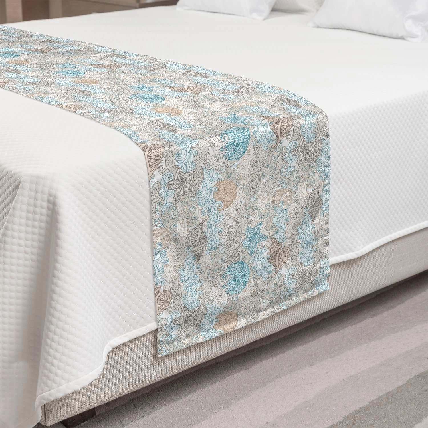 Ambesonne Nautical Bed Runner, Pastel Toned Sea Shell Starfish Mollusk Seahorse Coral Reef Motif Design, Decorative Accent Bedding Scarf for Hotels Homes and Guestrooms, Tan Turquoise White