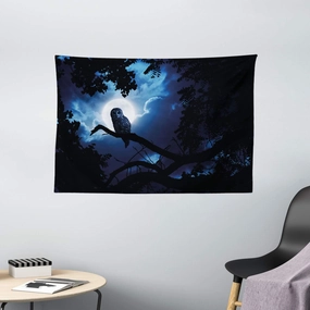 Ambesonne Night Tapestry, Quiet Night in The Woods Full Moon Tall Trees and Owl on Branch Tranquil Scene, Wall Hanging for Bedroom Living Room Dorm, 60" X 40", Black Blue White