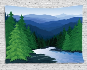 Ambesonne Northwoods Tapestry, Evening in The Mountains Oak Forest with River Wilderness, Wall Hanging for Bedroom Living Room Dorm, 80" X 60", Fern Green Blue and Dark Teal