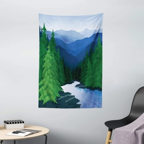Ambesonne Northwoods Tapestry, Evening in the Mountains Oak Forest with River Wilderness, Wall Hanging for Bedroom Living Room Dorm Decor, 40" X 60", Fern Green Dark Teal