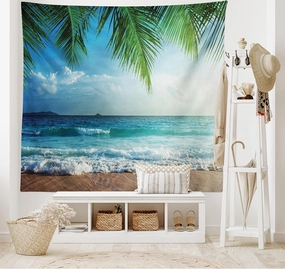 Ambesonne Ocean Tapestry, Palms Tropical Island Beach Maldives Photography Home Postcard Traveler Explorer, Wide Wall Hanging for Bedroom Living Room Dorm, 80" X 60", Green and Blue