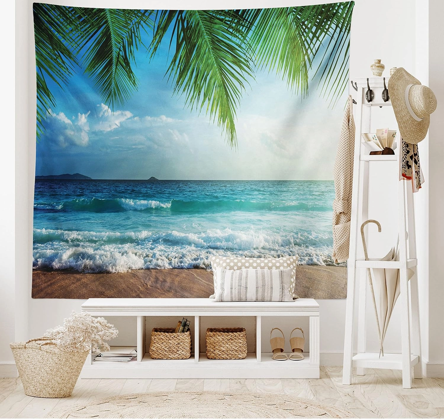 Ambesonne Ocean Tapestry, Palms Tropical Island Beach Maldives Photography Home Postcard Traveler Explorer, Wide Wall Hanging for Bedroom Living Room Dorm, 80" X 60", Green and Blue
