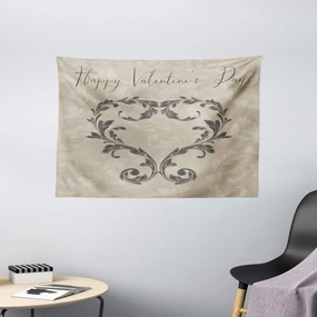 Ambesonne Taupe Tapestry, Happy Love Valentine's Day Stylized Hand Writing Laurel Leaves Forming Heart Victorian, Wall Hanging for Bedroom Living Room Dorm, 60" X 40", Taupe Tan