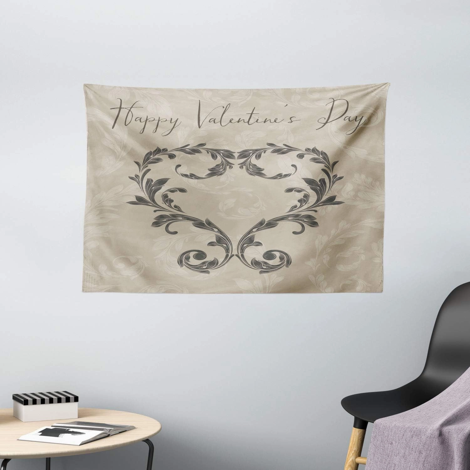 Ambesonne Taupe Tapestry, Happy Love Valentine's Day Stylized Hand Writing Laurel Leaves Forming Heart Victorian, Wall Hanging for Bedroom Living Room Dorm, 60" X 40", Taupe Tan