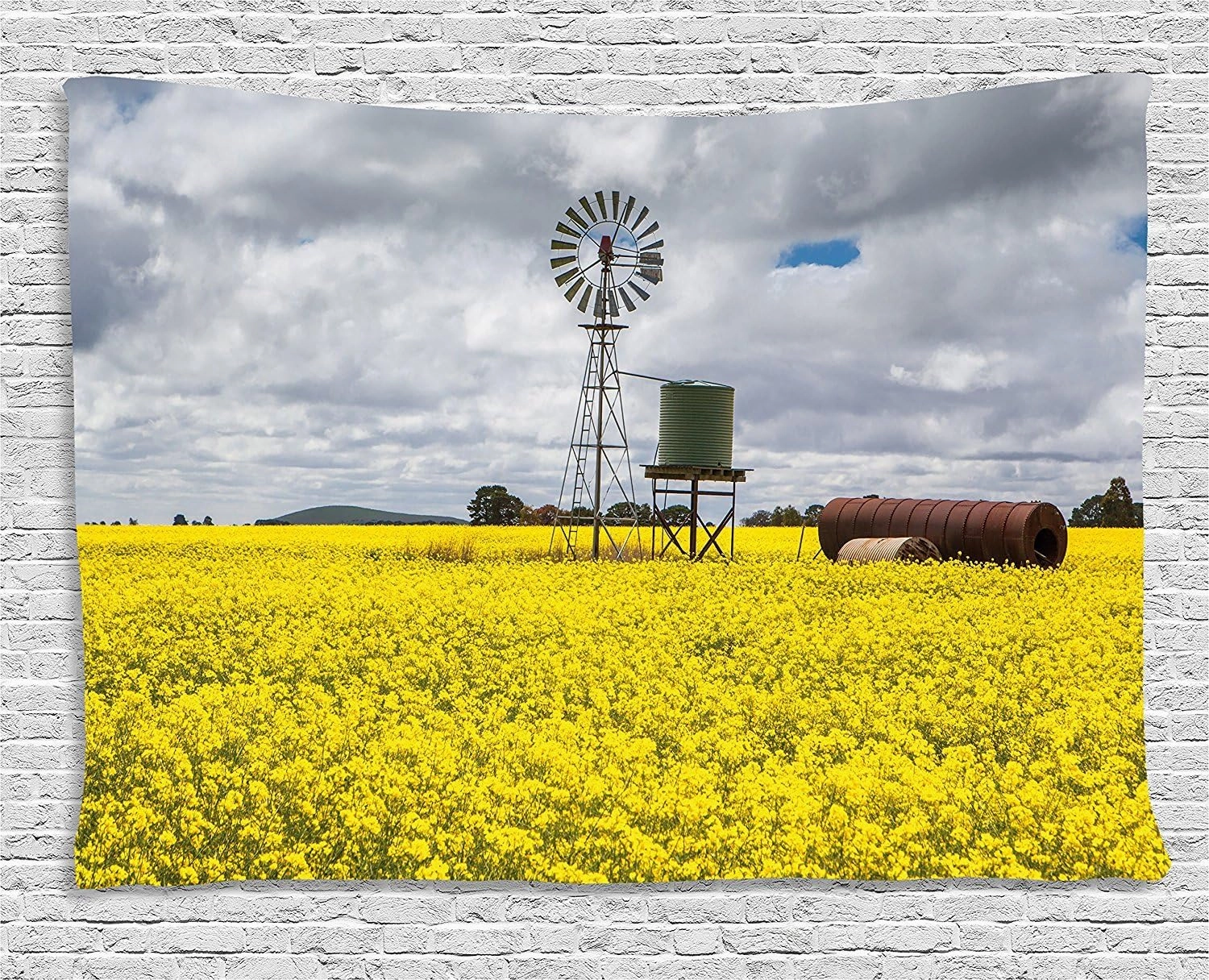 Ambesonne Windmill Decor Tapestry, Canola Meadow Stormy Day Victorian Goldfields Agricultural Farmland, Wall Hanging for Bedroom Living Room Dorm, 80" X 60", Yellow Grey White