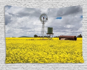 Ambesonne Windmill Decor Tapestry, Canola Meadow Stormy Day Victorian Goldfields Agricultural Farmland, Wall Hanging for Bedroom Living Room Dorm, 80" X 60", Yellow Grey White