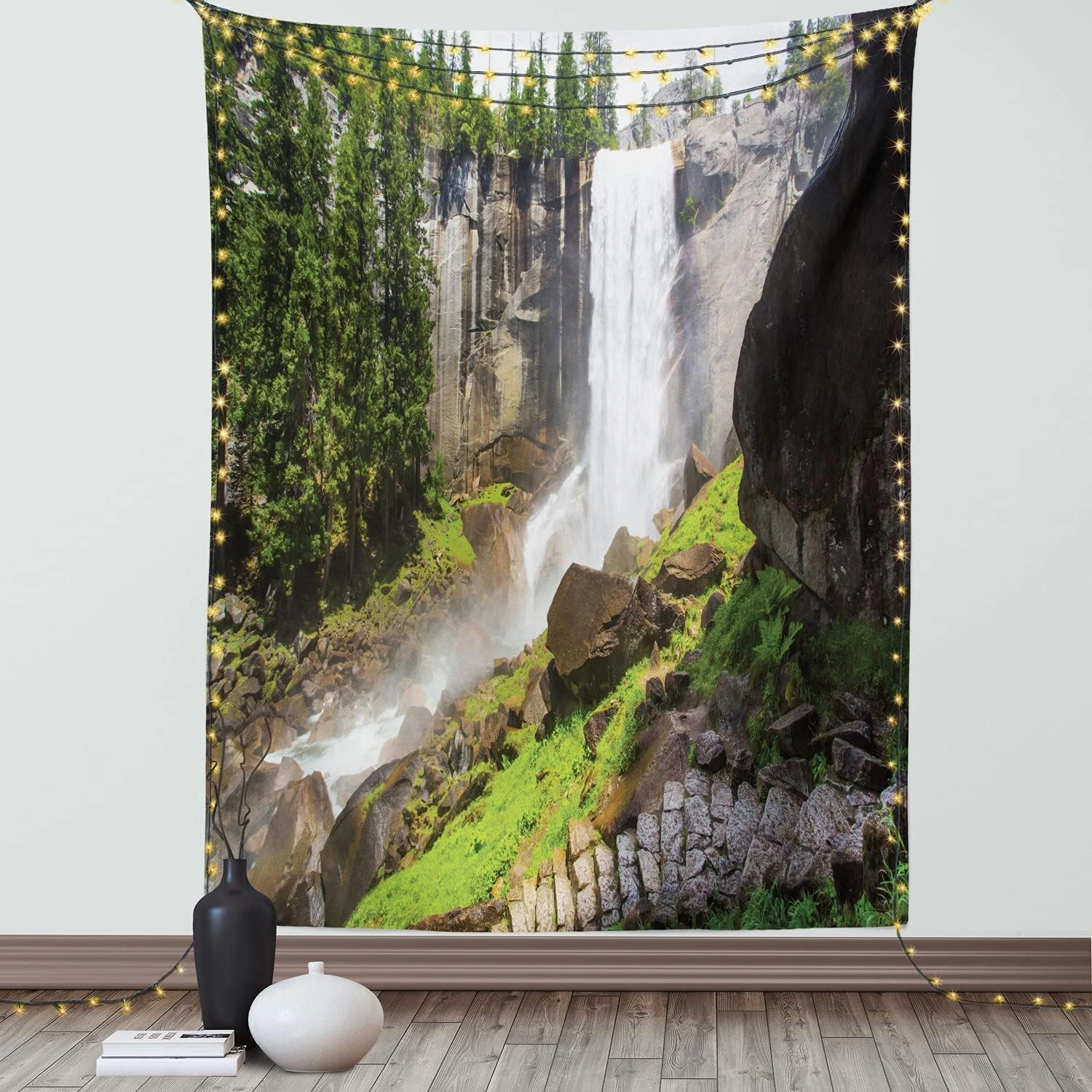 Ambesonne Yosemite Tapestry, Vernal Fall Yosemite National Park Alpine Forest Rocks Wild Natural Scenic Photo, Wall Hanging for Bedroom Living Room Dorm Decor, 60" X 80", White Green