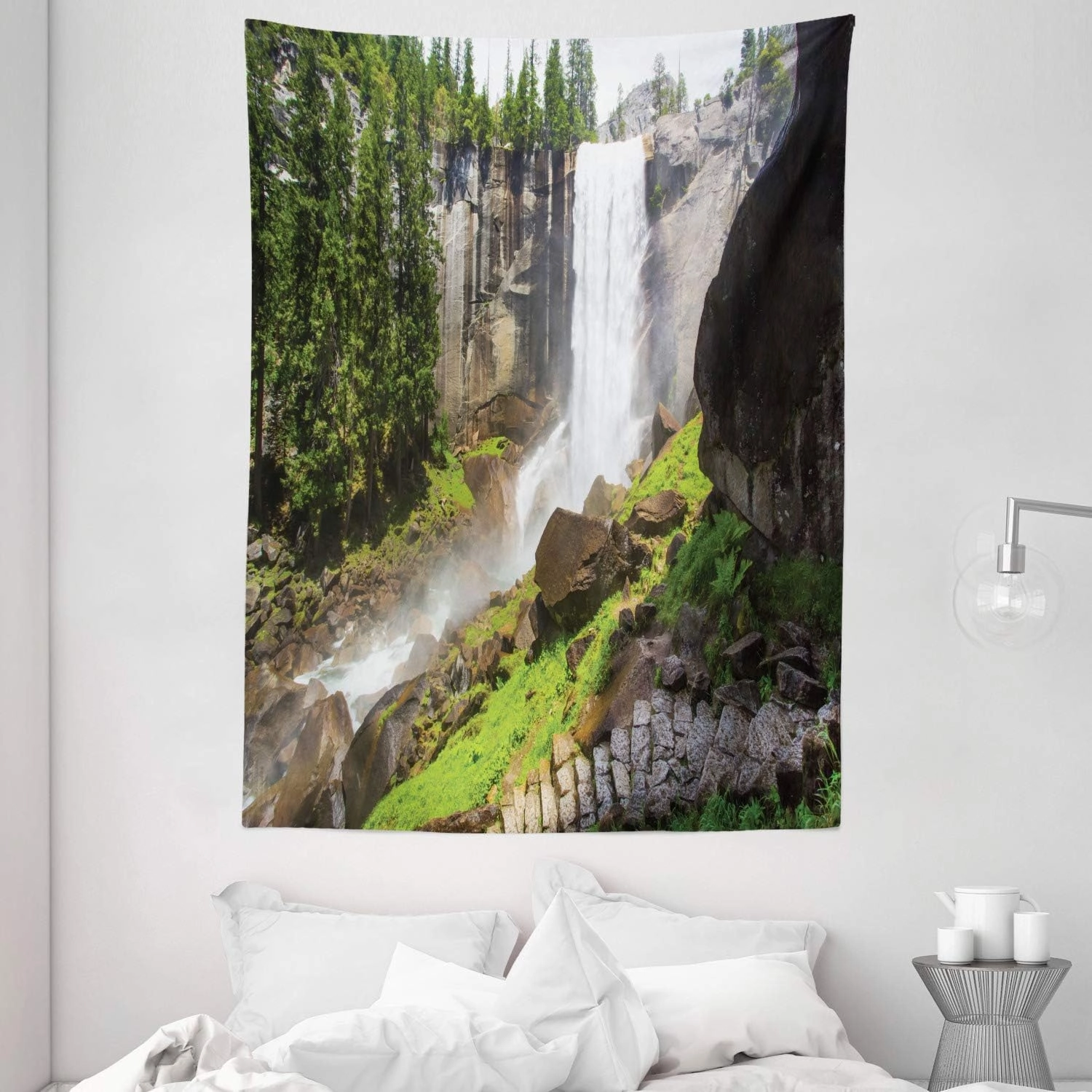 Ambesonne Yosemite Tapestry, Vernal Fall Yosemite National Park Alpine Forest Rocks Wild Natural Scenic Photo, Wall Hanging for Bedroom Living Room Dorm Decor, 60" X 80", White Green