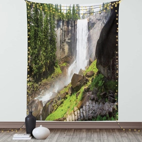 Ambesonne Yosemite Tapestry, Vernal Fall Yosemite National Park Alpine Forest Rocks Wild Natural Scenic Photo, Wall Hanging for Bedroom Living Room Dorm Decor, 60" X 80", White Green