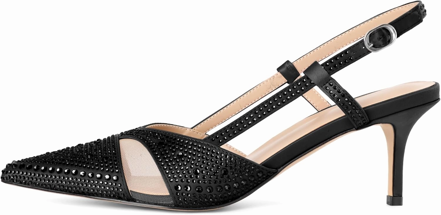 AUMOTED Women Low Heel Pumps Slingback Heels Elegant Pointed Toe 2.5 Inch Heels with Rhinestone Dressy Pumps