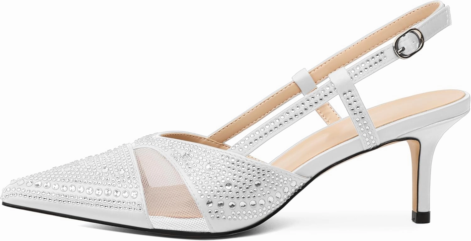 AUMOTED Women Low Heel Pumps Slingback Heels Elegant Pointed Toe 2.5 Inch Heels with Rhinestone Dressy Pumps