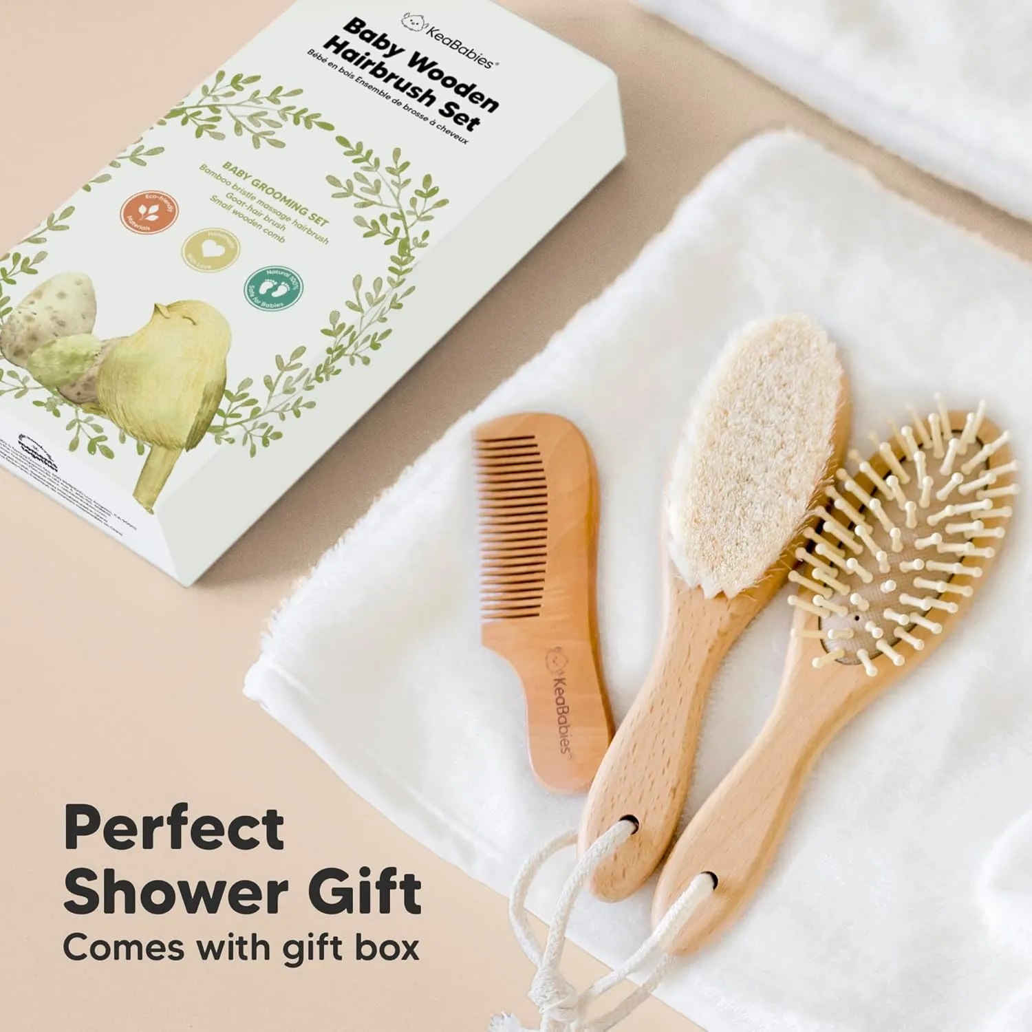 Baby Hair Brush and Comb Set for Newborn - Wooden Baby Hair Brush Set with Soft Goat Bristle, Baby Brush Set for Newborns Baby Brush and Comb Set Girl, Boy, Toddler Cradle Cap Brush (Oval, Walnut)