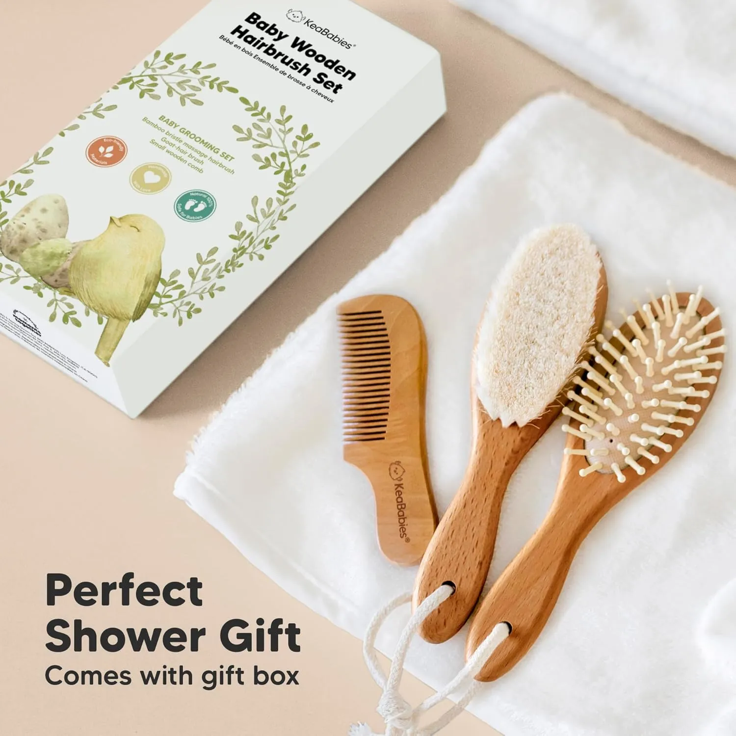 Baby Hair Brush and Comb Set for Newborn - Wooden Baby Hair Brush Set with Soft Goat Bristle, Baby Brush Set for Newborns, Baby Brush and Comb Set Girl, Boy, Toddler Cradle Cap Brush(Oval, Golden Oak)