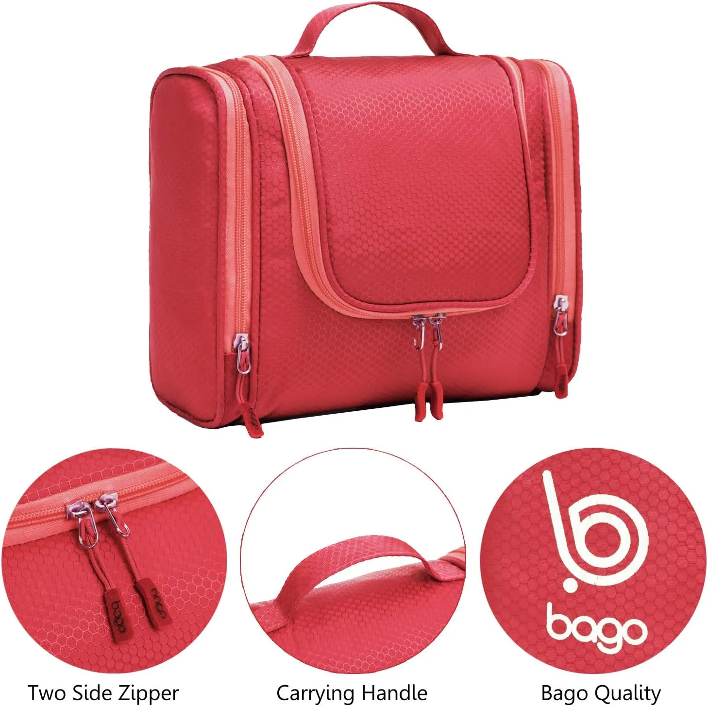 bago Travel Toiletry Bag for Women and Men - Large Waterproof Hanging Large Toiletry Bag for Bathroom and Travel Bag for Toiletries Organizer - Makeup Bag (Red)