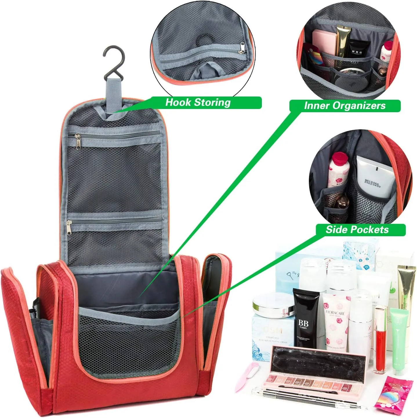 bago Travel Toiletry Bag for Women and Men - Large Waterproof Hanging Large Toiletry Bag for Bathroom and Travel Bag for Toiletries Organizer - Makeup Bag (Red)