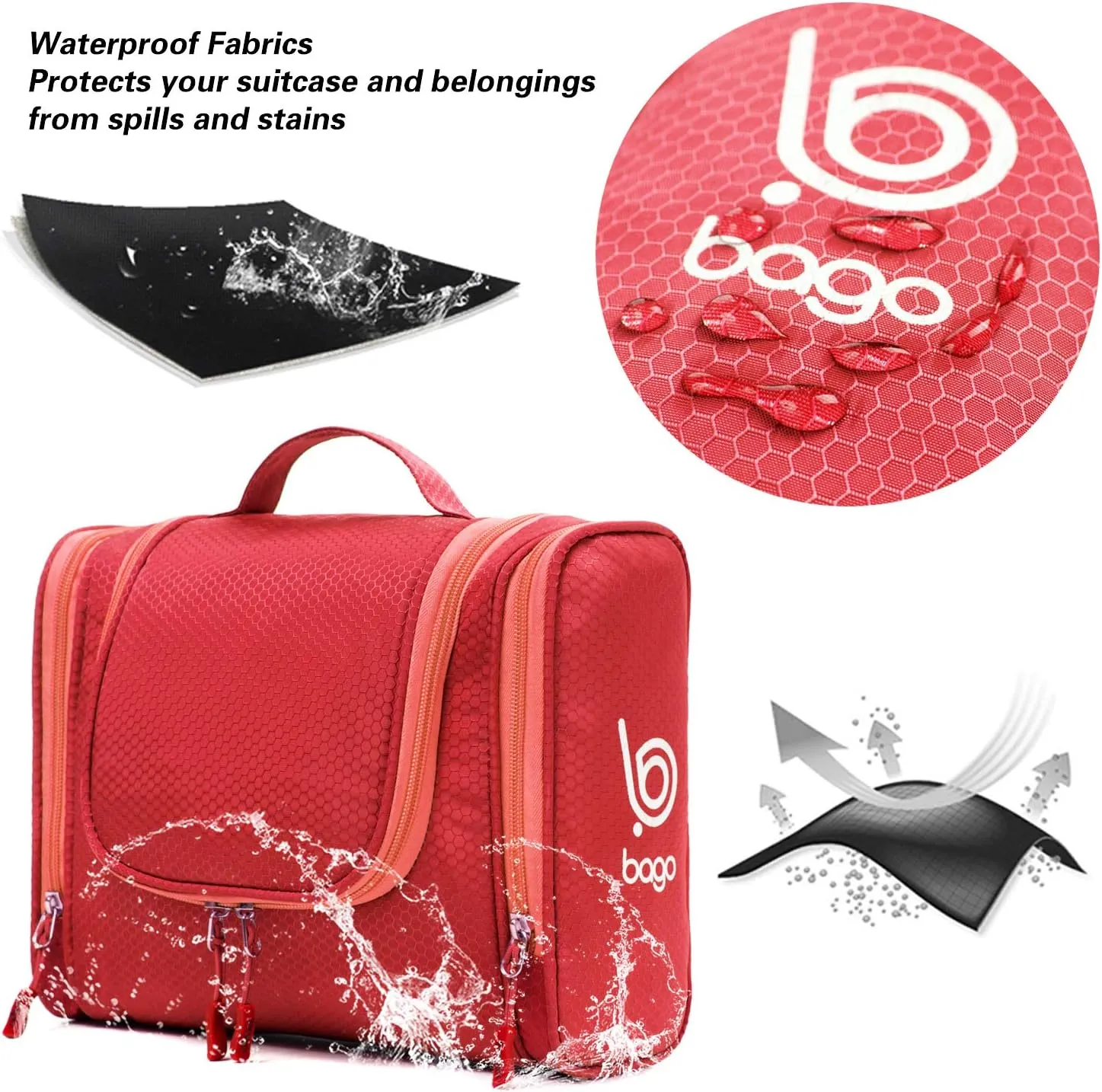 bago Travel Toiletry Bag for Women and Men - Large Waterproof Hanging Large Toiletry Bag for Bathroom and Travel Bag for Toiletries Organizer - Makeup Bag (Red)