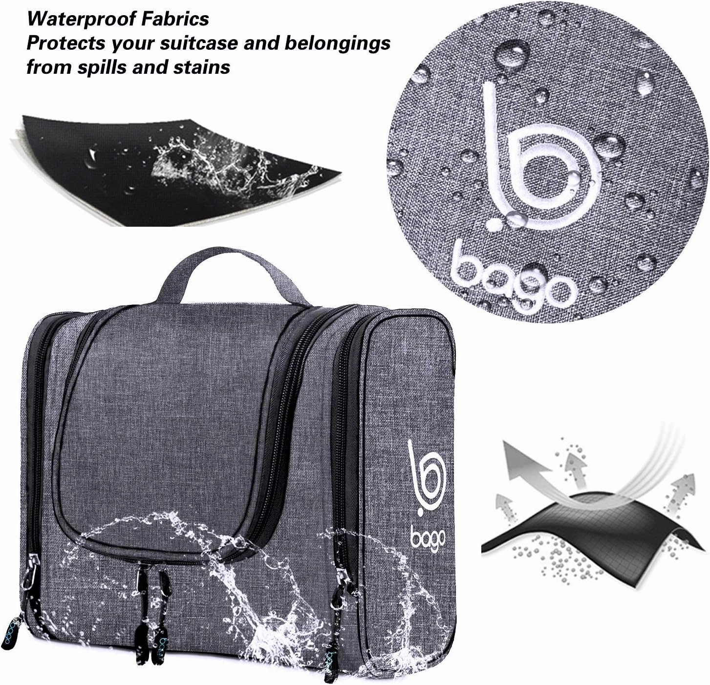 bago Travel Toiletry Bag for Women and Men - Large Waterproof Hanging Toiletry Bag for Bathroom and Travel Bag for Toiletries Organizer (Snow Black)