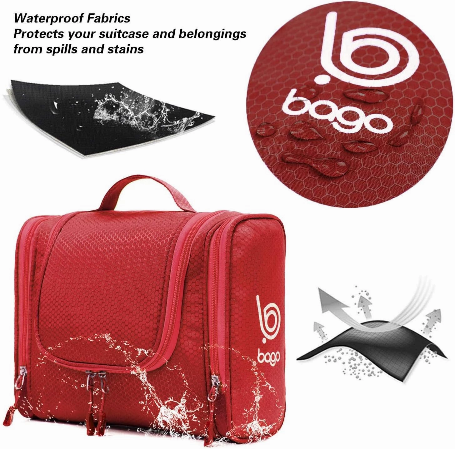 bago Travel Toiletry Bag for Women and Men X-Large Waterproof Hanging Large Toiletry Bag for Bathroom and Travel Bag for Toiletries Organizer -Travel Makeup Bag (Red)