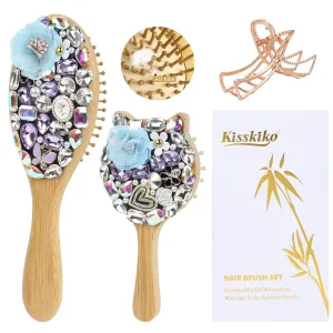 Bamboo Hair Brush Set for Women | Crystal Zircon Inlay Massage Scalp Unique Eco Large | Small Hairbrush - Gentle Stylish Suitable All Hair Types and Occasions