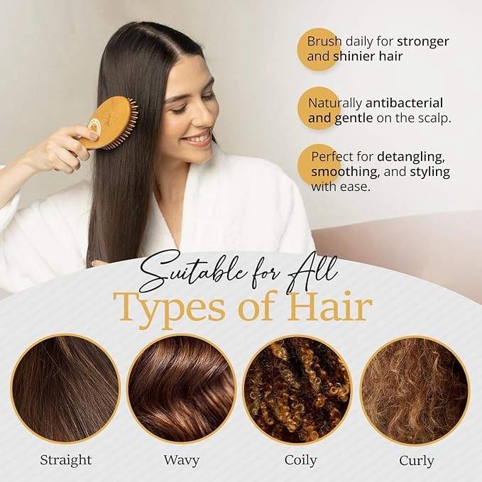 Bamboo Brush for Hair Growth - Natural Bamboo Hair Brush Set for Women, Men & Kids