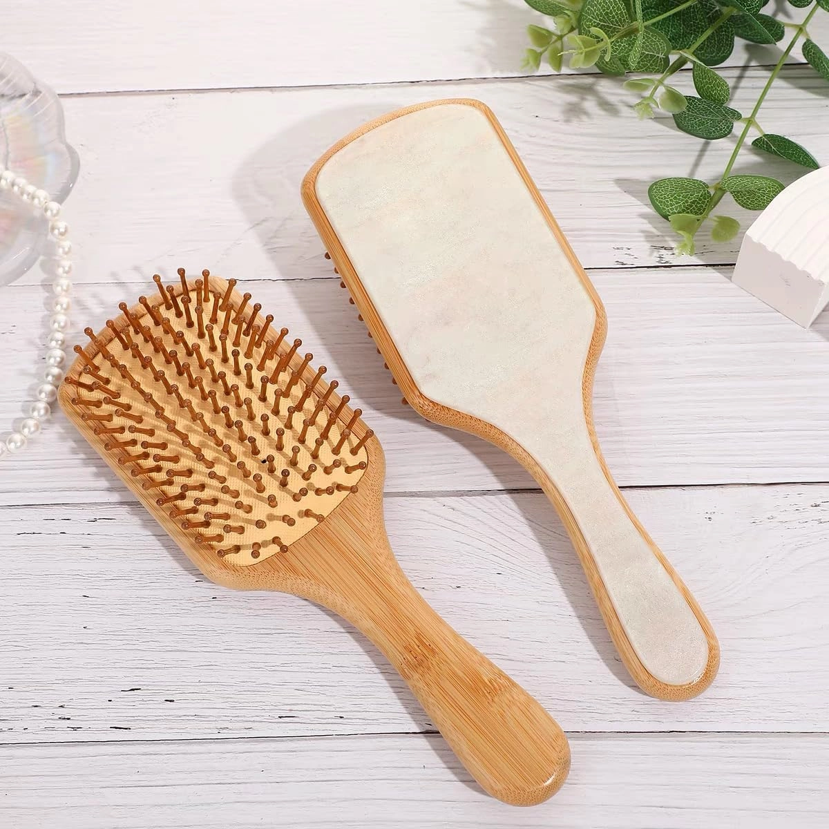 Bamboo Hair Brush, Slick Back Brush for Hair Women, Natural Wooden Bamboo Bristles Detangling Wooden Paddle Hairbrush for Massaging Scalp