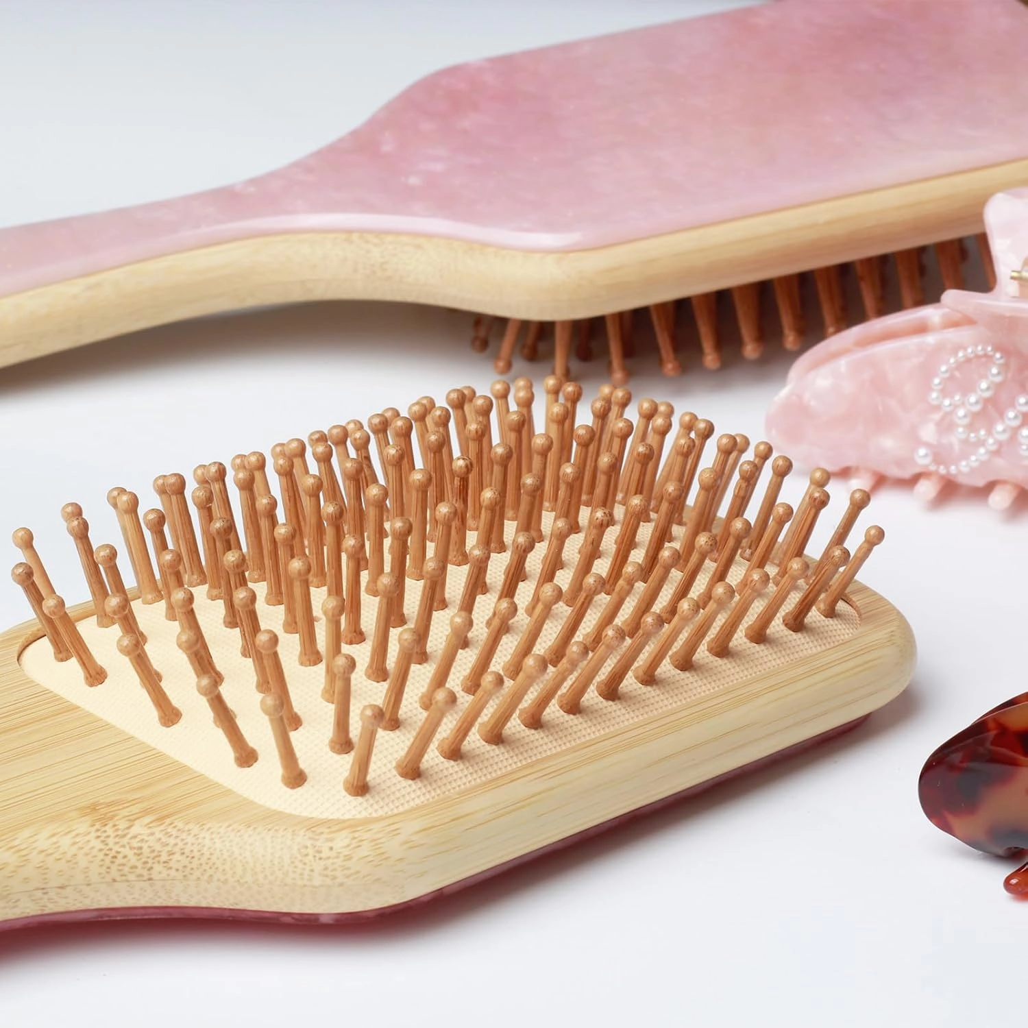 Bamboo Hair Brush, Slick Back Brush for Hair Women, Natural Wooden Bamboo Bristles Detangling Wooden Paddle Hairbrush for Massaging Scalp