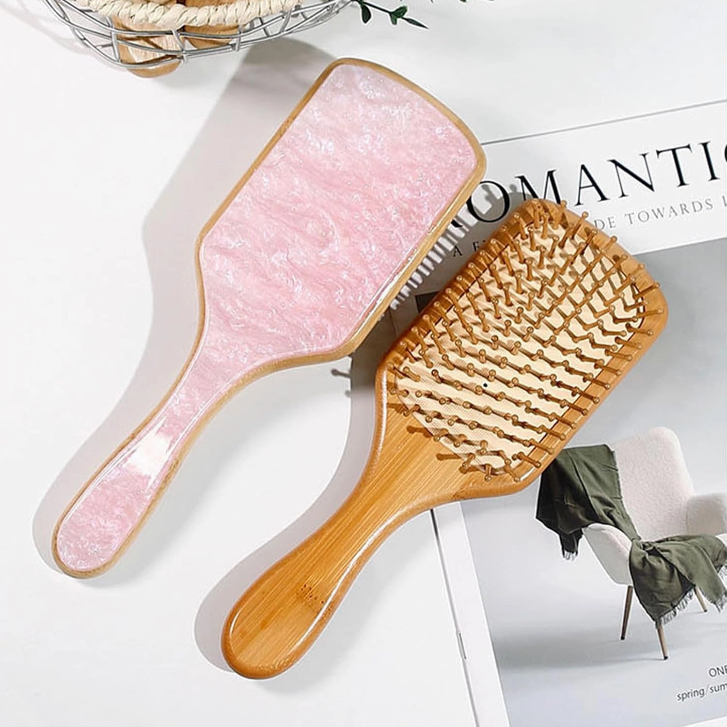 Bamboo Hair Brush, Slick Back Brush for Hair Women, Natural Wooden Bamboo Bristles Detangling Wooden Paddle Hairbrush for Massaging Scalp