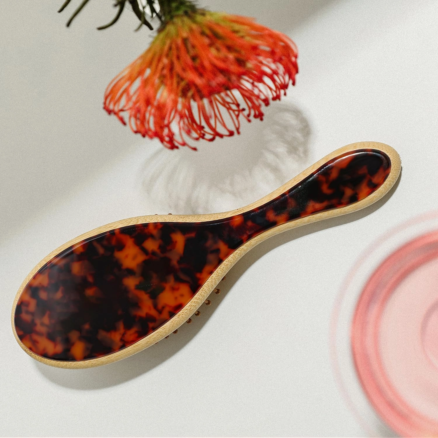 Bamboo Paddle Hair Brush All,Thick - Bamboo Bristles Detangling Hairbrush for Massaging Scalp, Women, Shell White