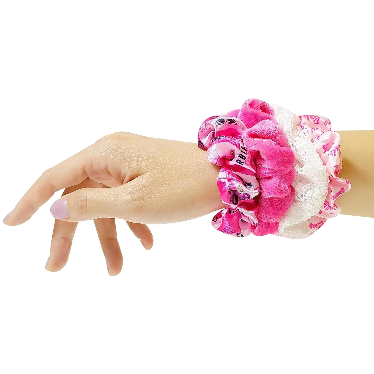 Barbie Hair Accessory 5 Pcs Set - 1 Regular 9 inch Hairbrush & 4 Scrunchies - Detangling Brush Elastic Hair Ties Ropes, Ages 3 