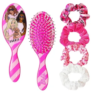 Barbie Hair Accessory 5 Pcs Set - 1 Regular 9 inch Hairbrush & 4 Scrunchies - Detangling Brush Elastic Hair Ties Ropes, Ages 3 