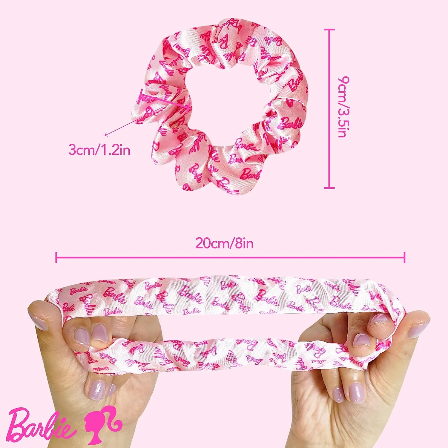 Barbie Hair Accessory 5 Pcs Set - 1 Regular 9 inch Hairbrush & 4 Scrunchies - Detangling Brush Elastic Hair Ties Ropes, Ages 3 