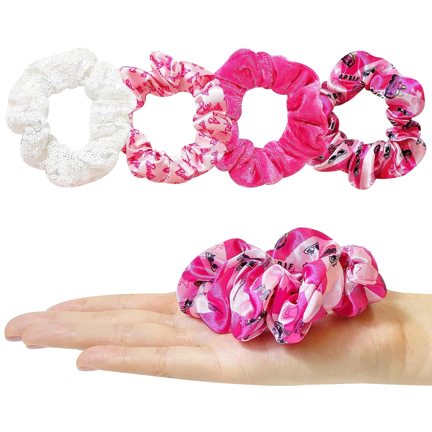 Barbie Hair Accessory 5 Pcs Set - 1 Regular 9 inch Hairbrush & 4 Scrunchies - Detangling Brush Elastic Hair Ties Ropes, Ages 3 