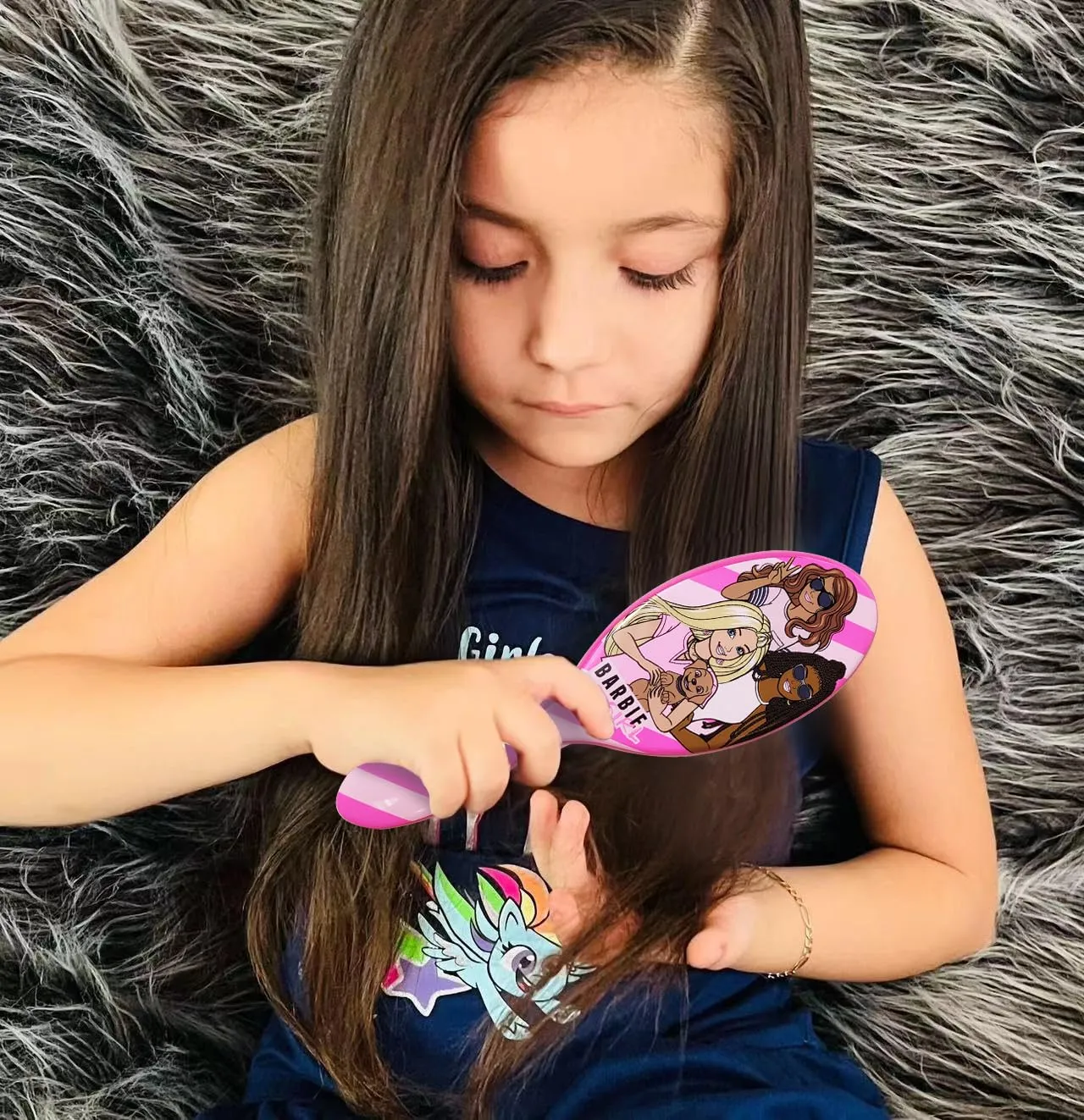 Barbie Hair Accessory 5 Pcs Set - 1 Regular 9 inch Hairbrush & 4 Scrunchies - Detangling Brush Elastic Hair Ties Ropes, Ages 3 
