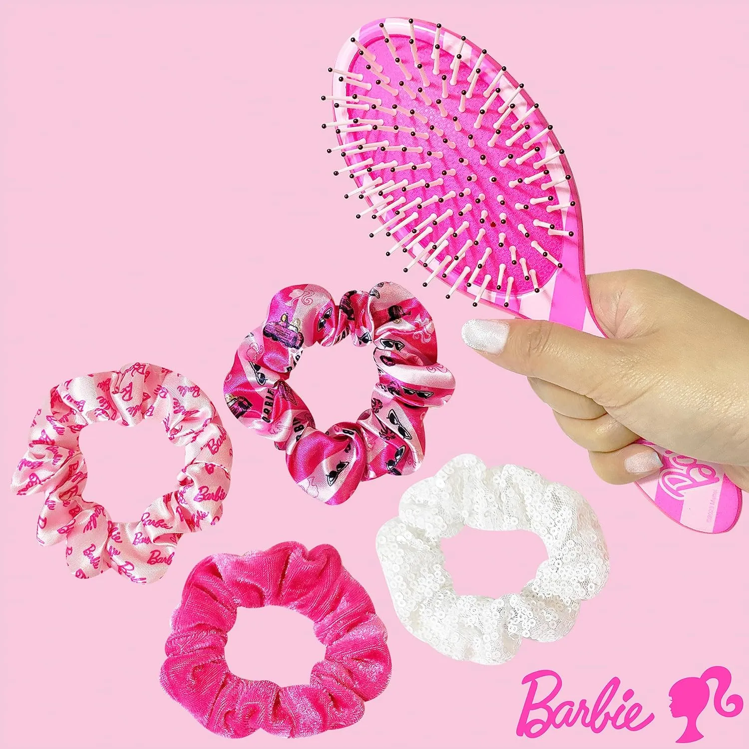 Barbie Hair Accessory 5 Pcs Set - 1 Regular 9 inch Hairbrush & 4 Scrunchies - Detangling Brush Elastic Hair Ties Ropes, Ages 3 