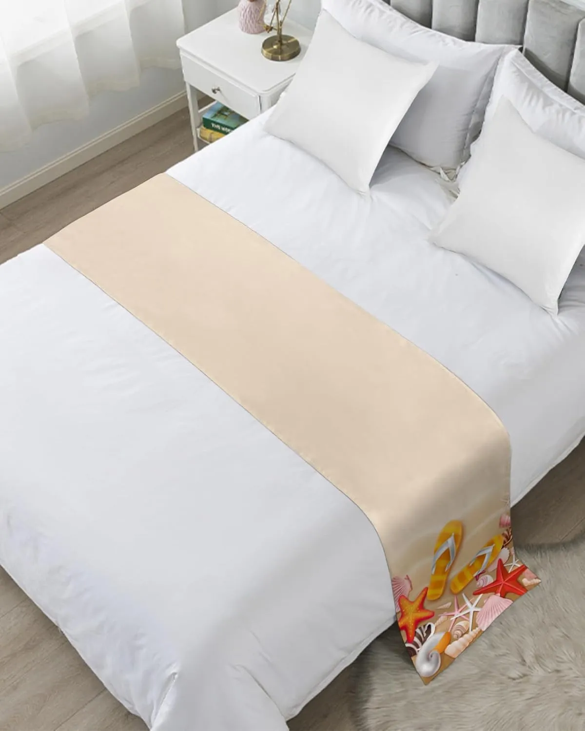 Bed Runner Scarf, Summer Orange Slippers Starfish Shell Wood Grain King Bed Bedding Scarves Cover Decorative Bed Scarf for Home Hotel Guesthouse Bedroom Wedding Room Guestrooms 94"x20"
