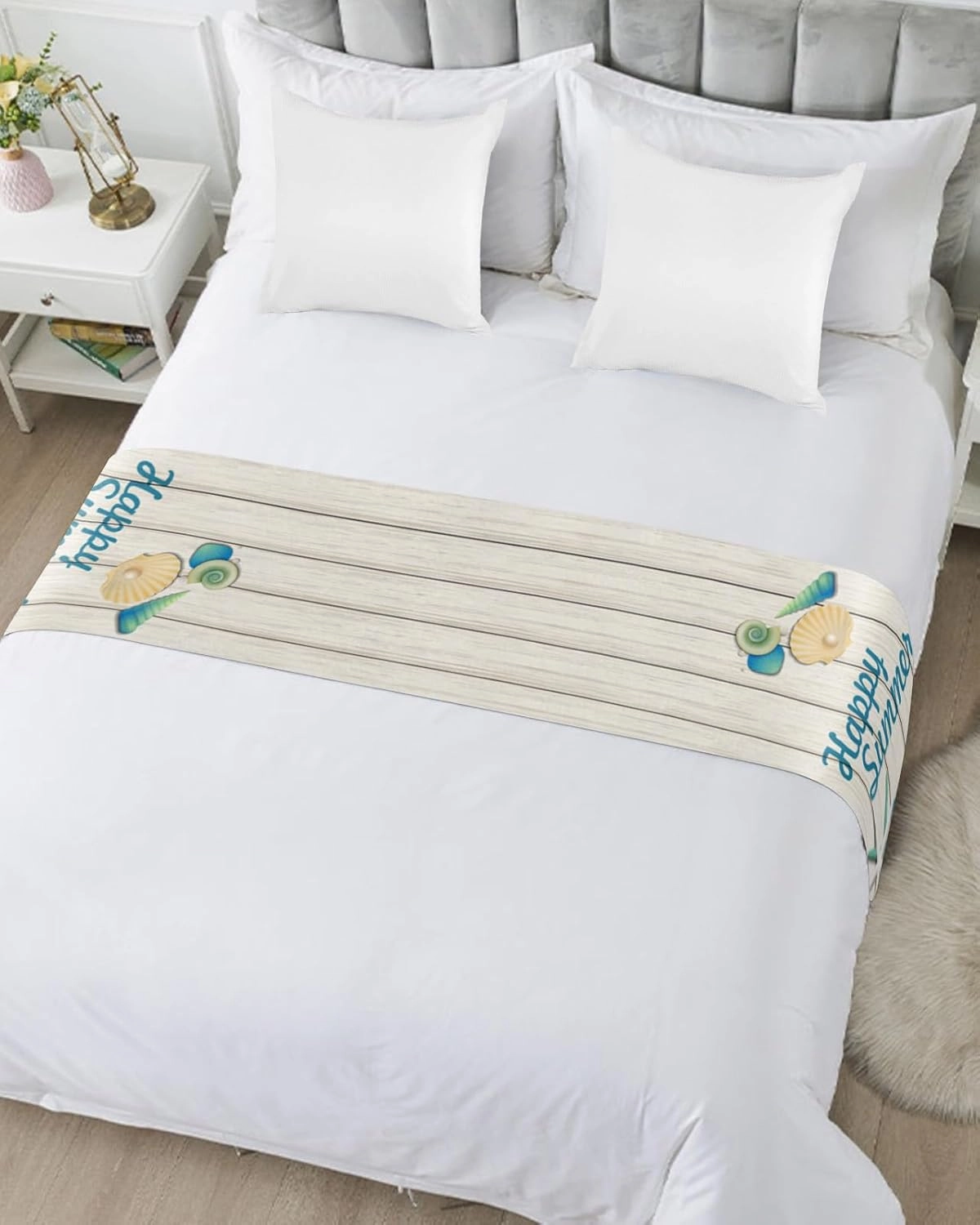Bed Runner Scarf, Summer Slippers Starfish Shell Wood Grain King Bed Bedding Scarves Cover Decorative Bed Scarf for Home Hotel Guesthouse Bedroom Wedding Room Guestrooms 102"x20"