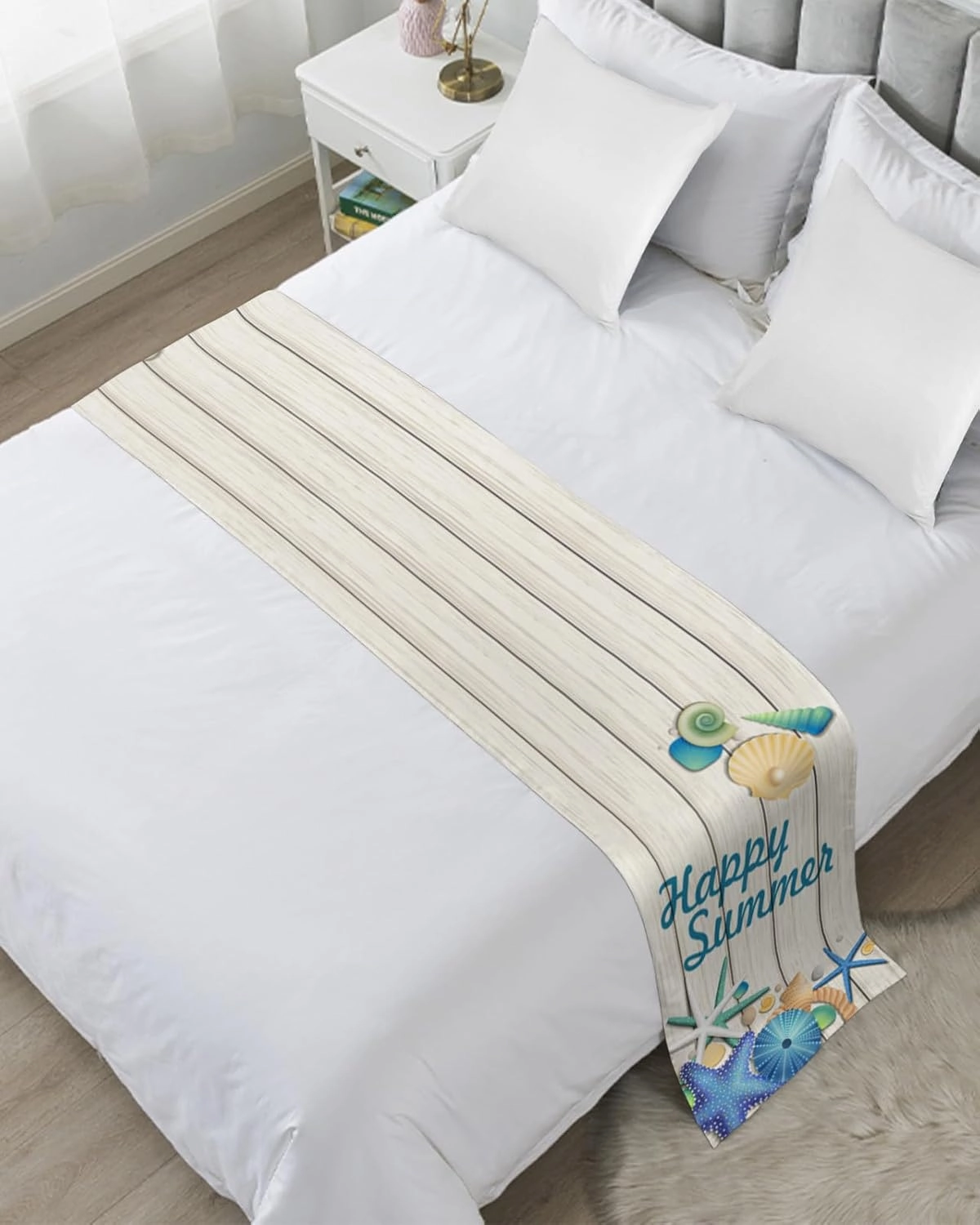 Bed Runner Scarf, Summer Slippers Starfish Shell Wood Grain King Bed Bedding Scarves Cover Decorative Bed Scarf for Home Hotel Guesthouse Bedroom Wedding Room Guestrooms 102"x20"