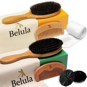 Belula Boar Bristle Hair Brush Set - Restore Natural Shine and Texture for Thin, Fine, Normal and Short Hair - His and Hers Set with 100% Boar Bristle Brushes, Combs, Spa Headband, and Travel Bags