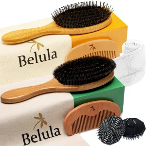 Belula His and Hers 100% Boar Bristle Hair Brush Set. Soft Natural Bristles Thick, Long or Curly Hair, Thin, Normal and Short Hair. Restore Hair's Shine and Health.
