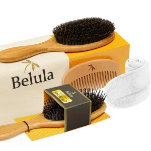 Belula Organic Hair Care Set - Boar Bristle Brush and Detangler for Shiny, Textured Hair