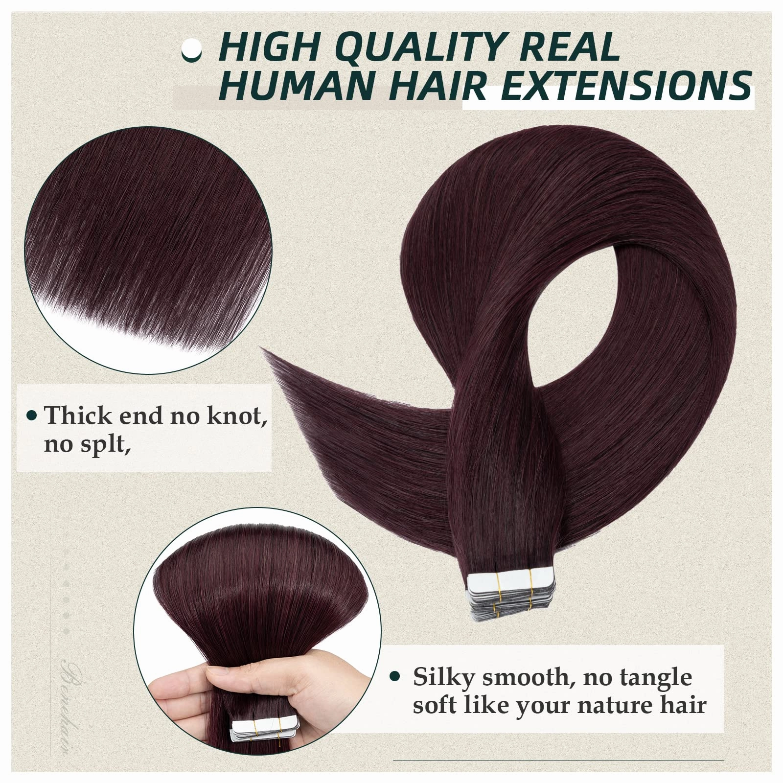 Benehair Tape in Hair Extensions Human Hair, 10pcs 14 Inch Silk Real Human Hair Tape in Hair Extensions, Remy Hair Tape in Extensions, Invisible Double Sided Tape Ins #99J Wine red 20g/pack