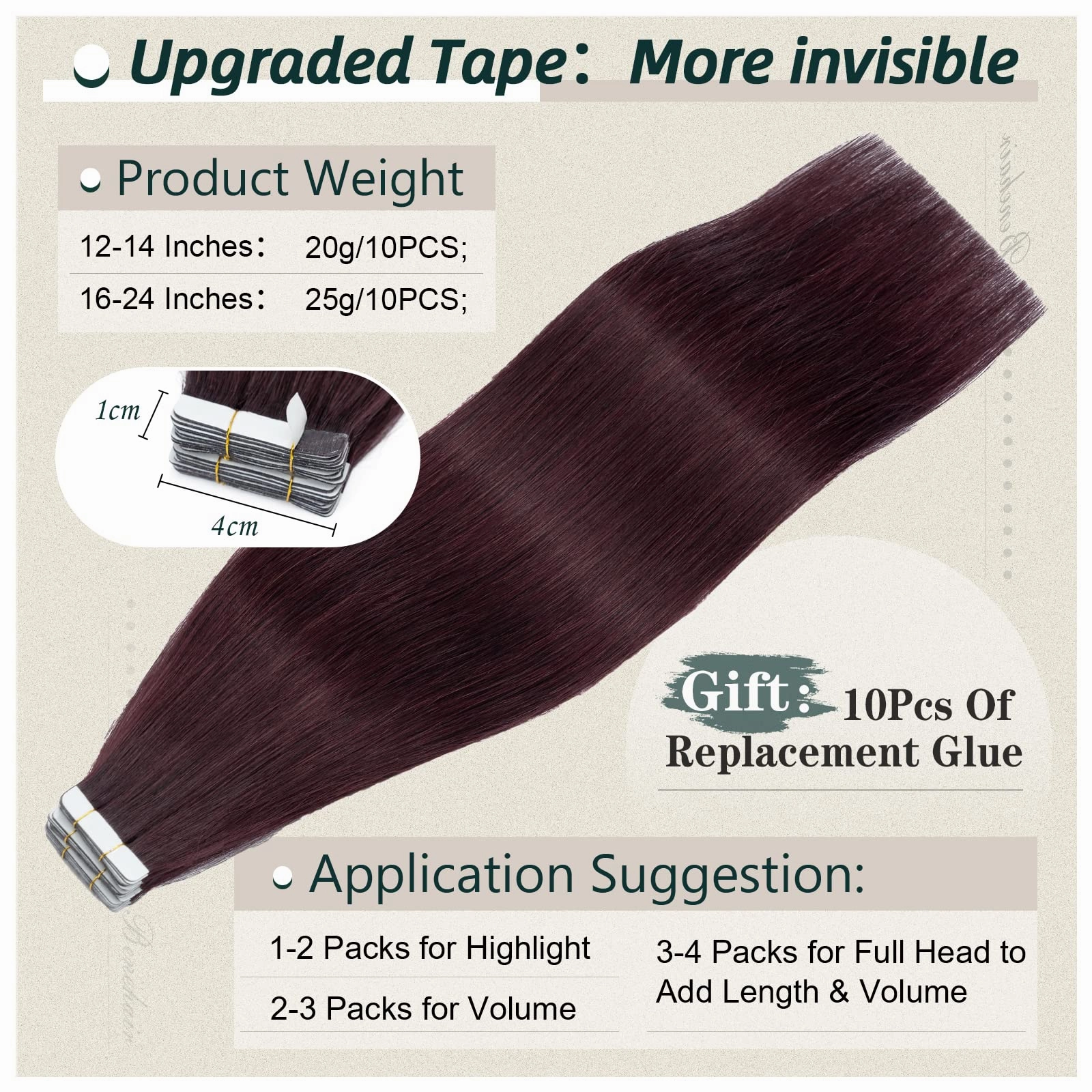 Benehair Tape in Hair Extensions Human Hair, 10pcs 14 Inch Silk Real Human Hair Tape in Hair Extensions, Remy Hair Tape in Extensions, Invisible Double Sided Tape Ins #99J Wine red 20g/pack