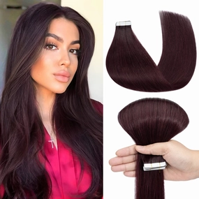Benehair Tape in Hair Extensions Human Hair, 10pcs 14 Inch Silk Real Human Hair Tape in Hair Extensions, Remy Hair Tape in Extensions, Invisible Double Sided Tape Ins #99J Wine red 20g/pack