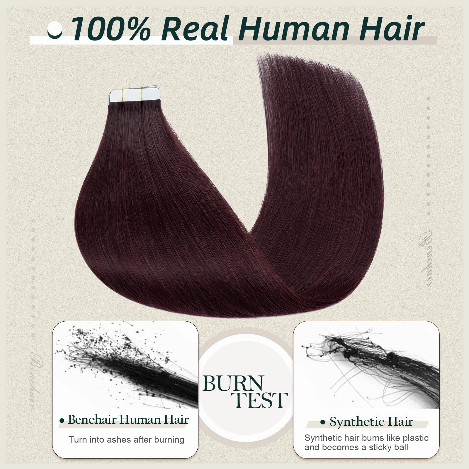 Benehair Tape in Hair Extensions Human Hair, 10pcs 14 Inch Silk Real Human Hair Tape in Hair Extensions, Remy Hair Tape in Extensions, Invisible Double Sided Tape Ins #99J Wine red 20g/pack