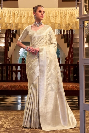 Bisque Cream Woven Banarasi Satin Soft Silk Saree