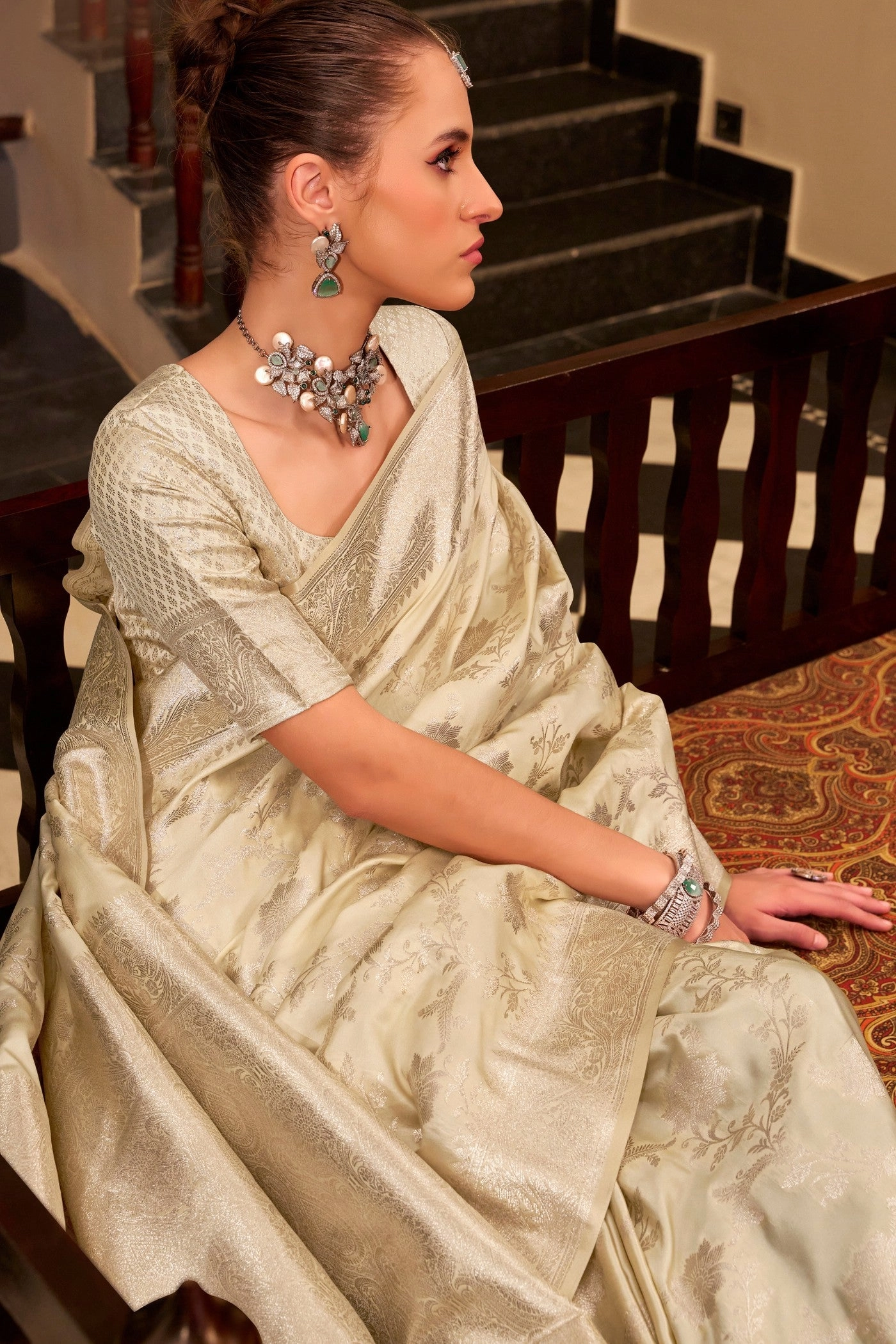 Bisque Cream Woven Banarasi Satin Soft Silk Saree
