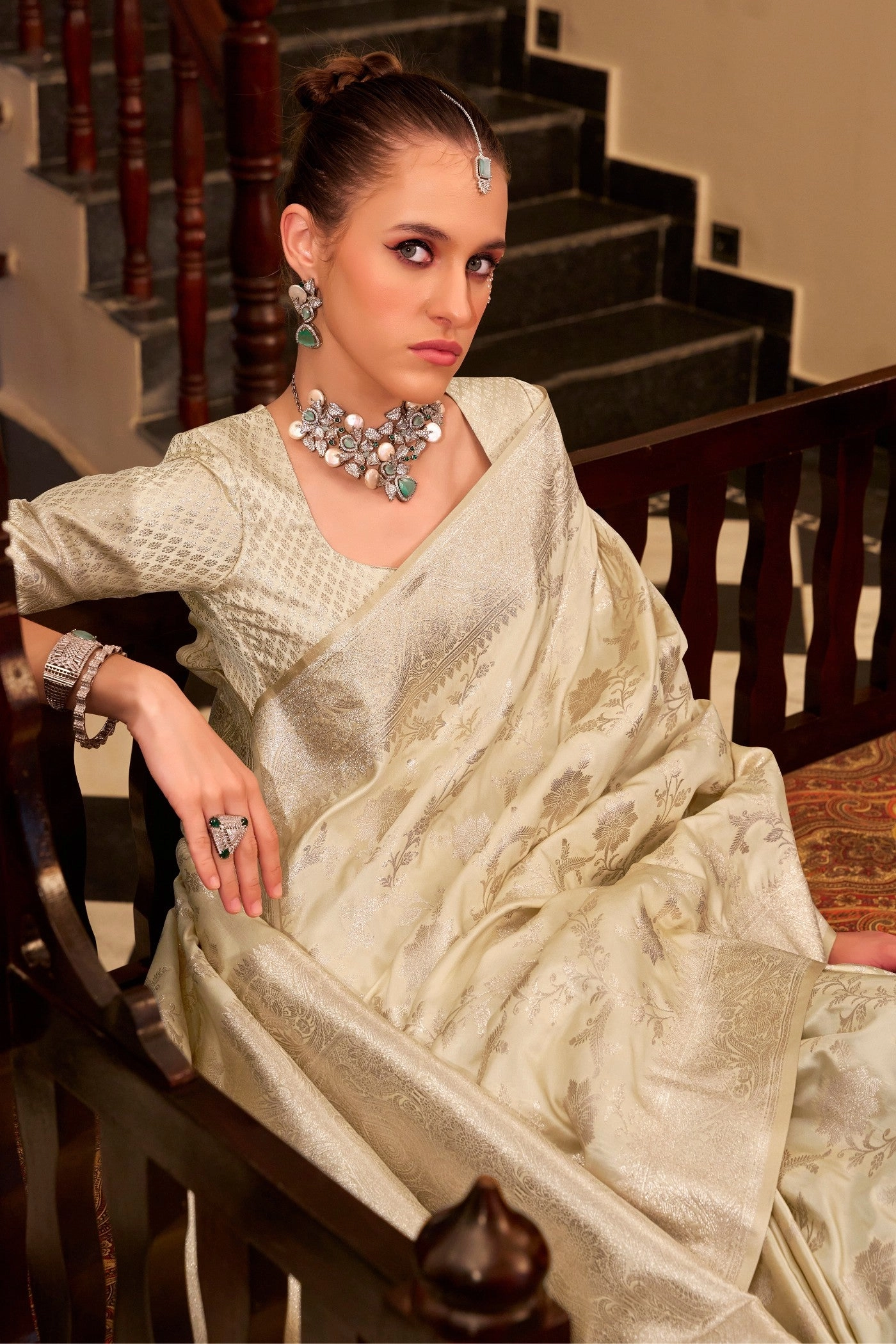 Bisque Cream Woven Banarasi Satin Soft Silk Saree